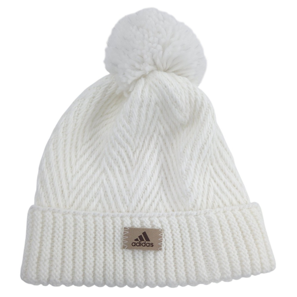 Adidas Beanie Women One Size White Chevron Knit Pom Pom Winter Hat Acrylic NEW